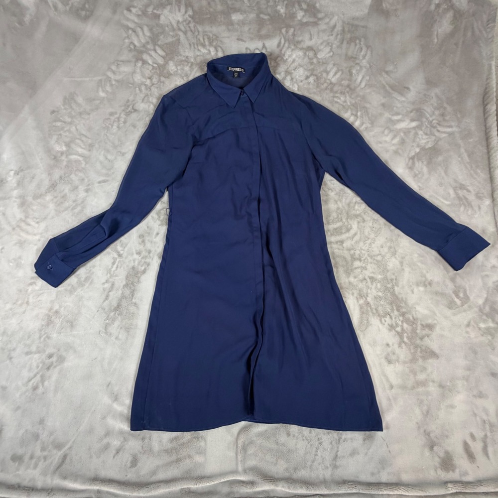 Express Womens Navy Blue Long Sleeve Hidden Button Front Shirt Dress Small